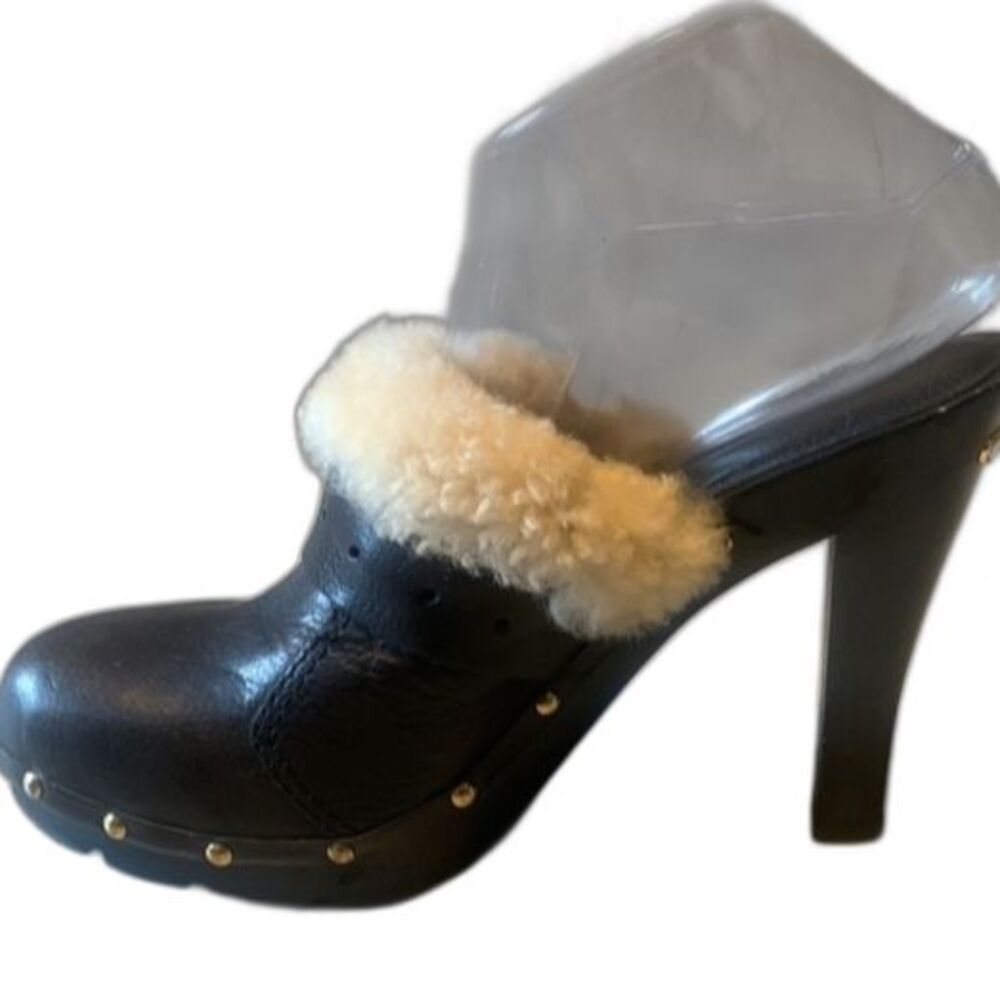 Michael Kors Studded Black Leather Wood Platform Clogs Size 9 Shearling Mules - Picture 4 of 12